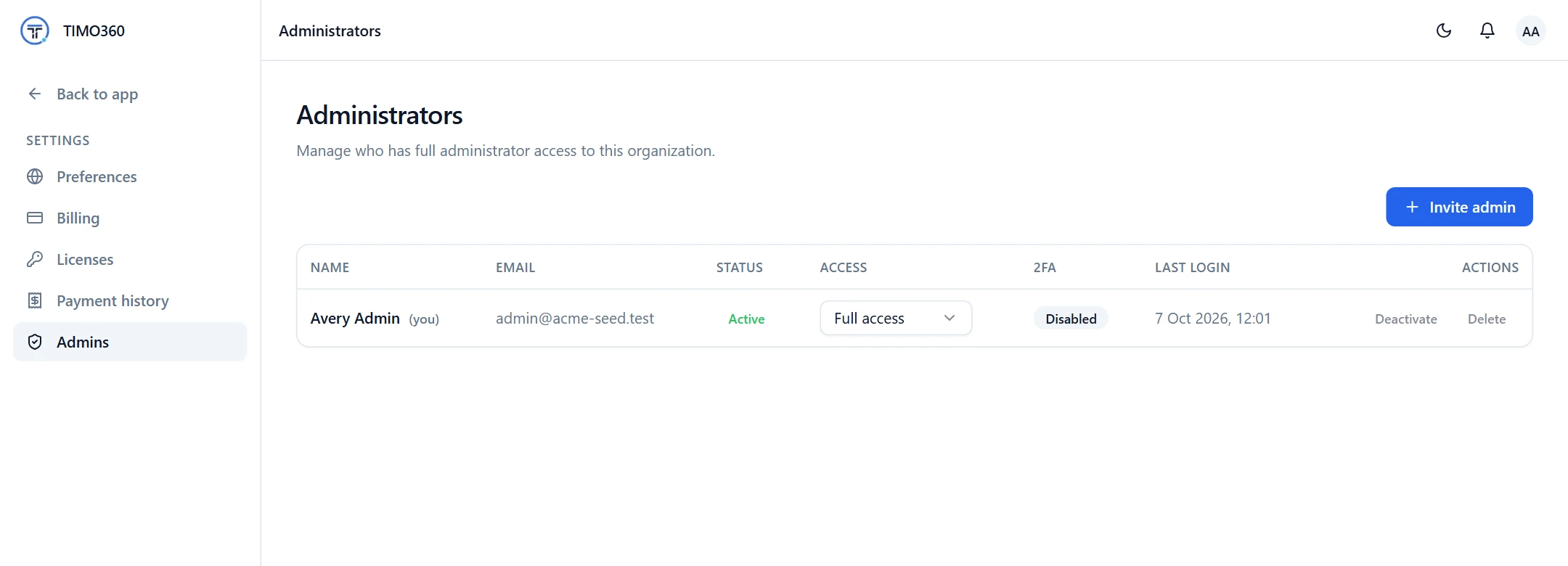 The Administrators page showing each administrator with their access level and two-factor status