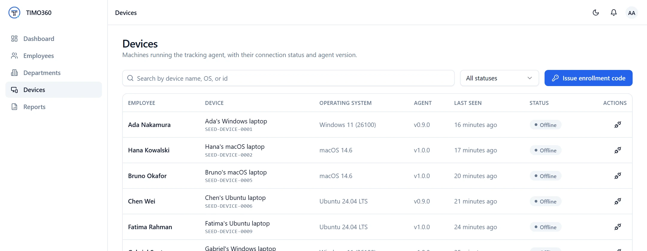 The Devices page listing each device with its operating system, agent version, last seen time and status