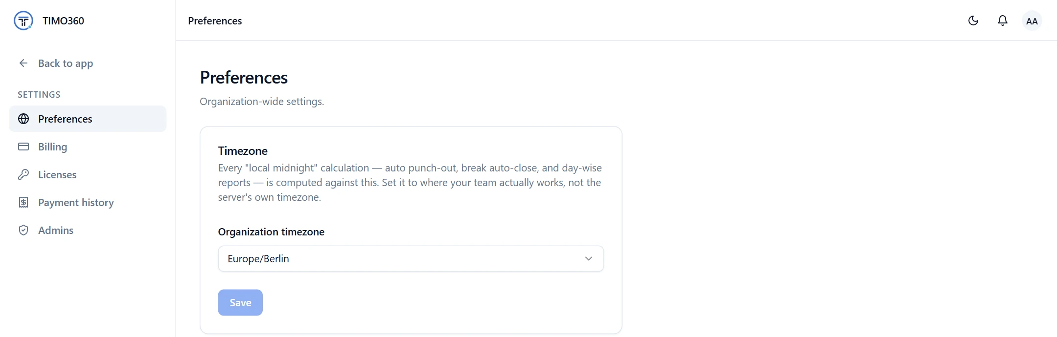 The Preferences page with the organization timezone setting