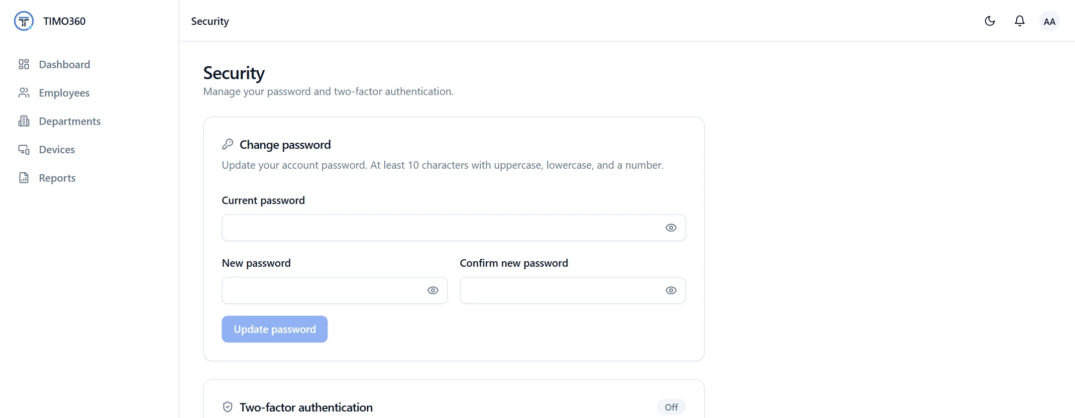 The Security page with change password and two-factor authentication