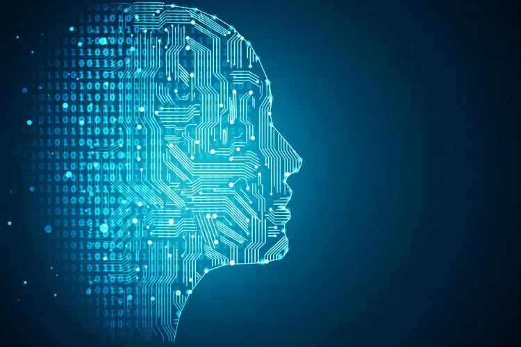 Glowing circuit-board outline of a human head with streams of binary code